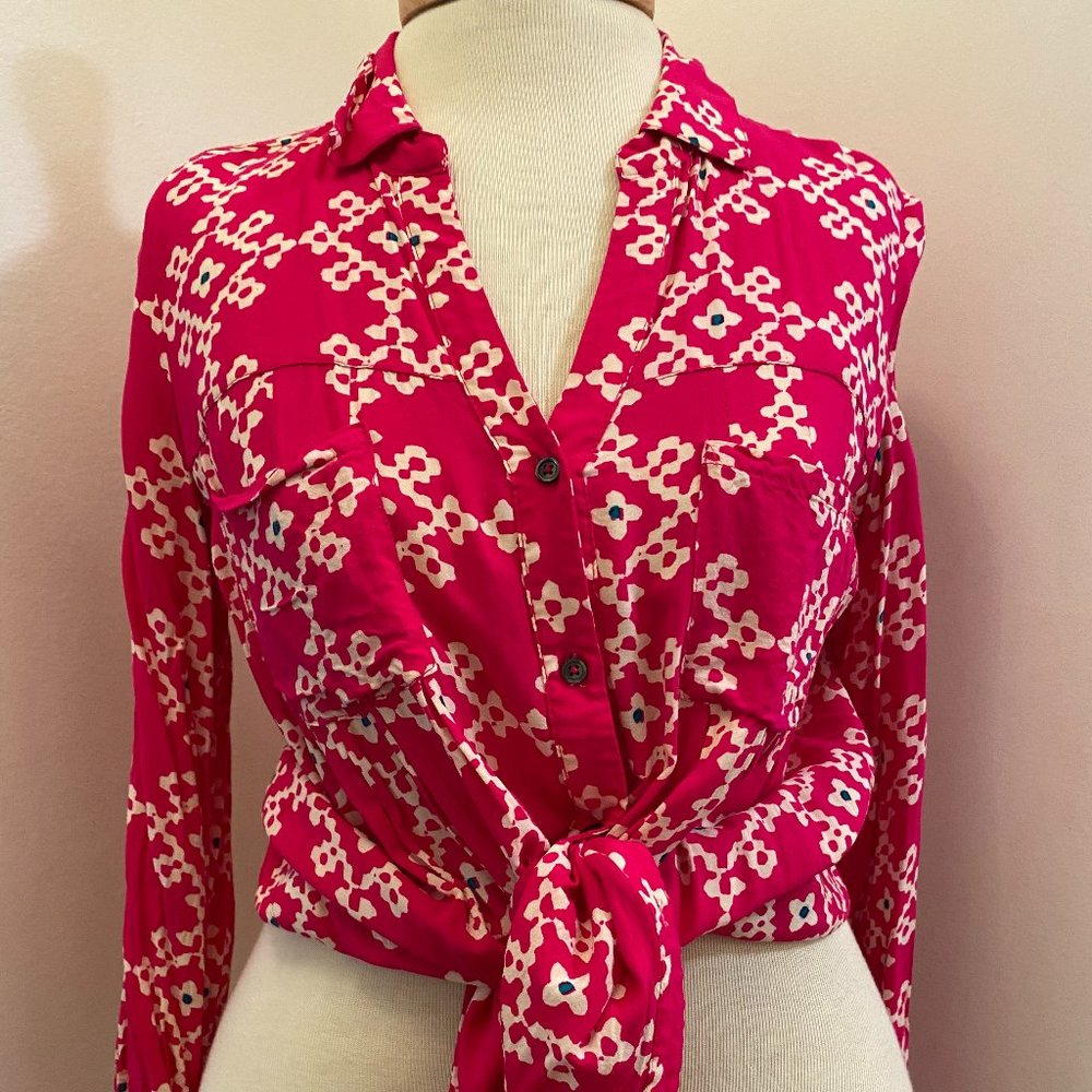 Maeve Anthropologie raspberry colored abstract long sleeve blouse